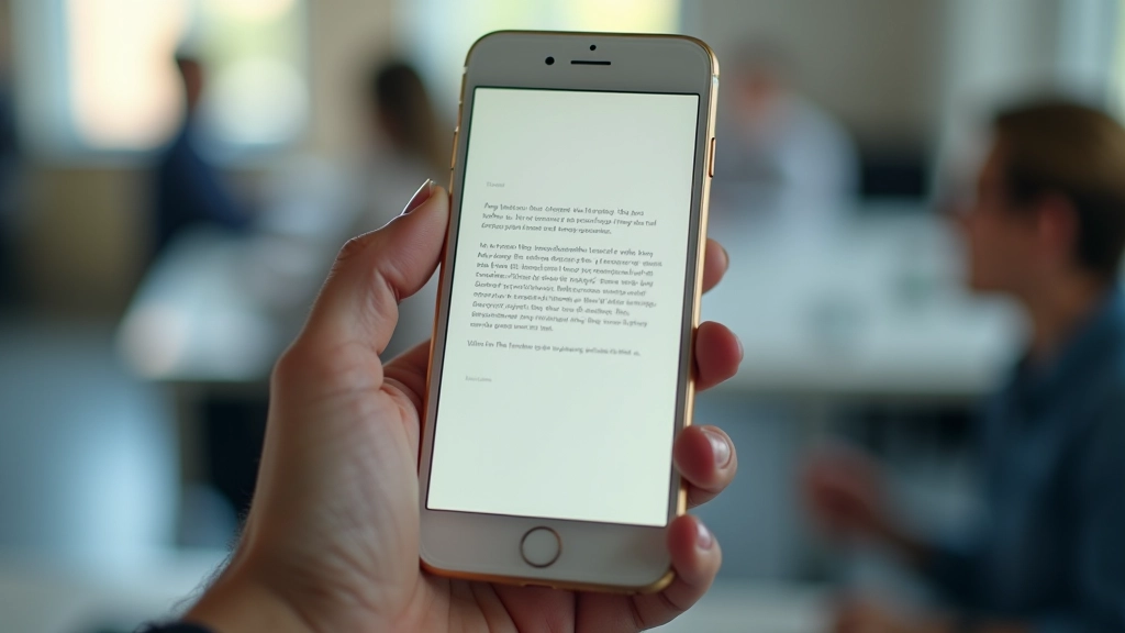 Close-up of a smartphone screen showing text with poor contrast against background, user squinting at display, office environment, natural window light