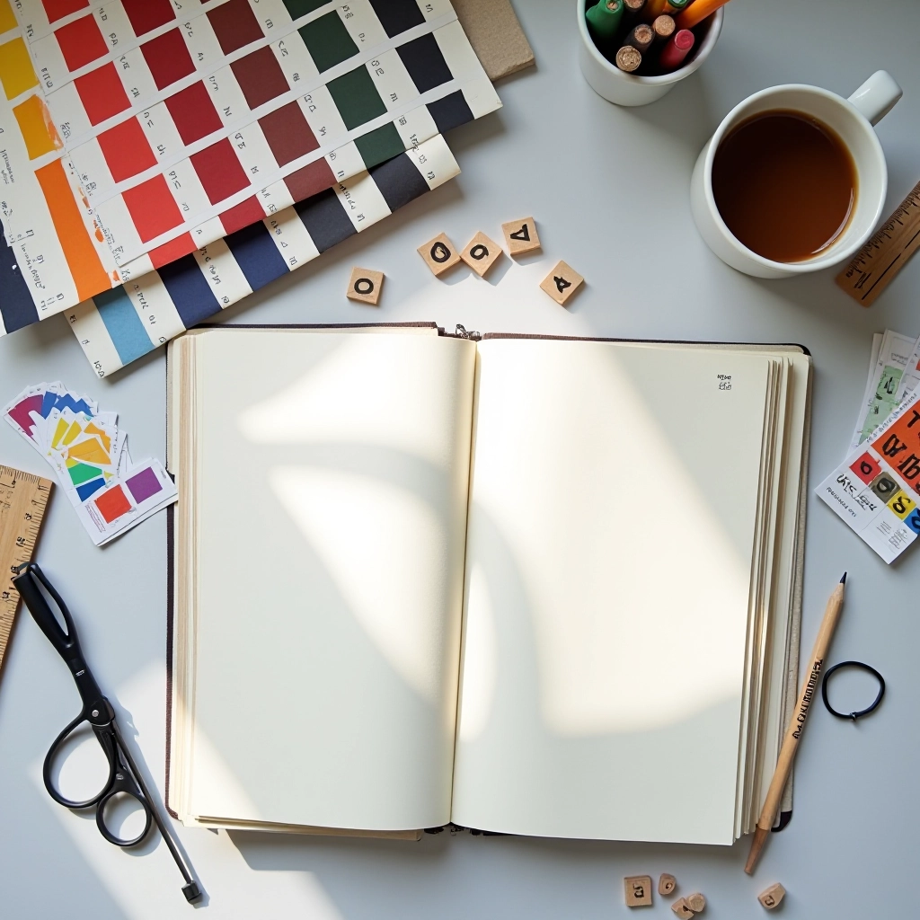 Chromatic Harmony editorial workspace with design materials, color swatches, typography samples, and research notes organized on a flat surface