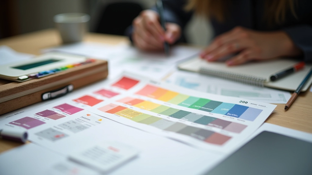 Close-up of color swatches and typography samples arranged on a design table with notes and annotations