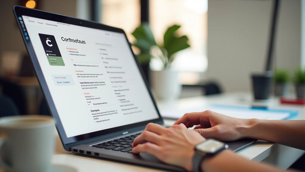 Designer using contrast checking tool on laptop, Chromatic Harmony website open, hands at keyboard, modern design studio, bright workspace