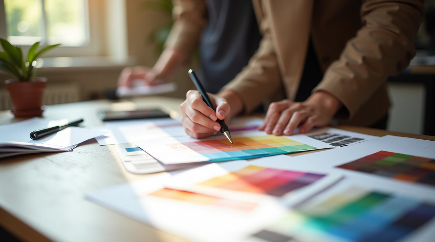 Designer working on color palette and typography samples for a client project, showing sketches and swatches on a desk with natural light