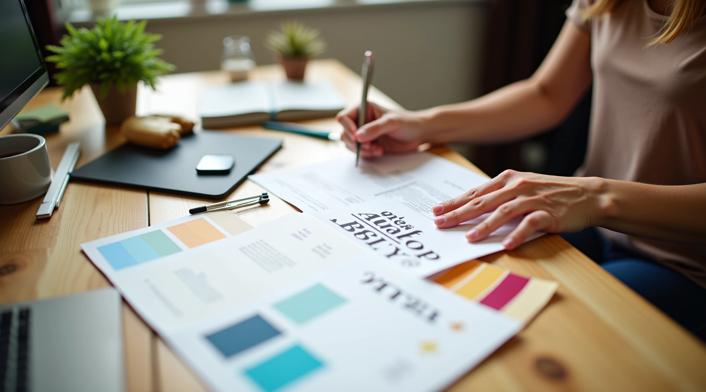 Designer working with color swatches and typography samples on a wooden desk, natural lighting, sharp focus