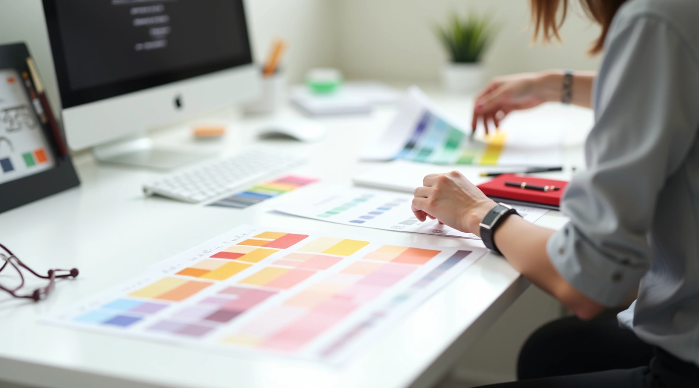 Designer working with color swatches and typography samples on a bright white desk, modern workspace setup with natural lighting, sharp focus