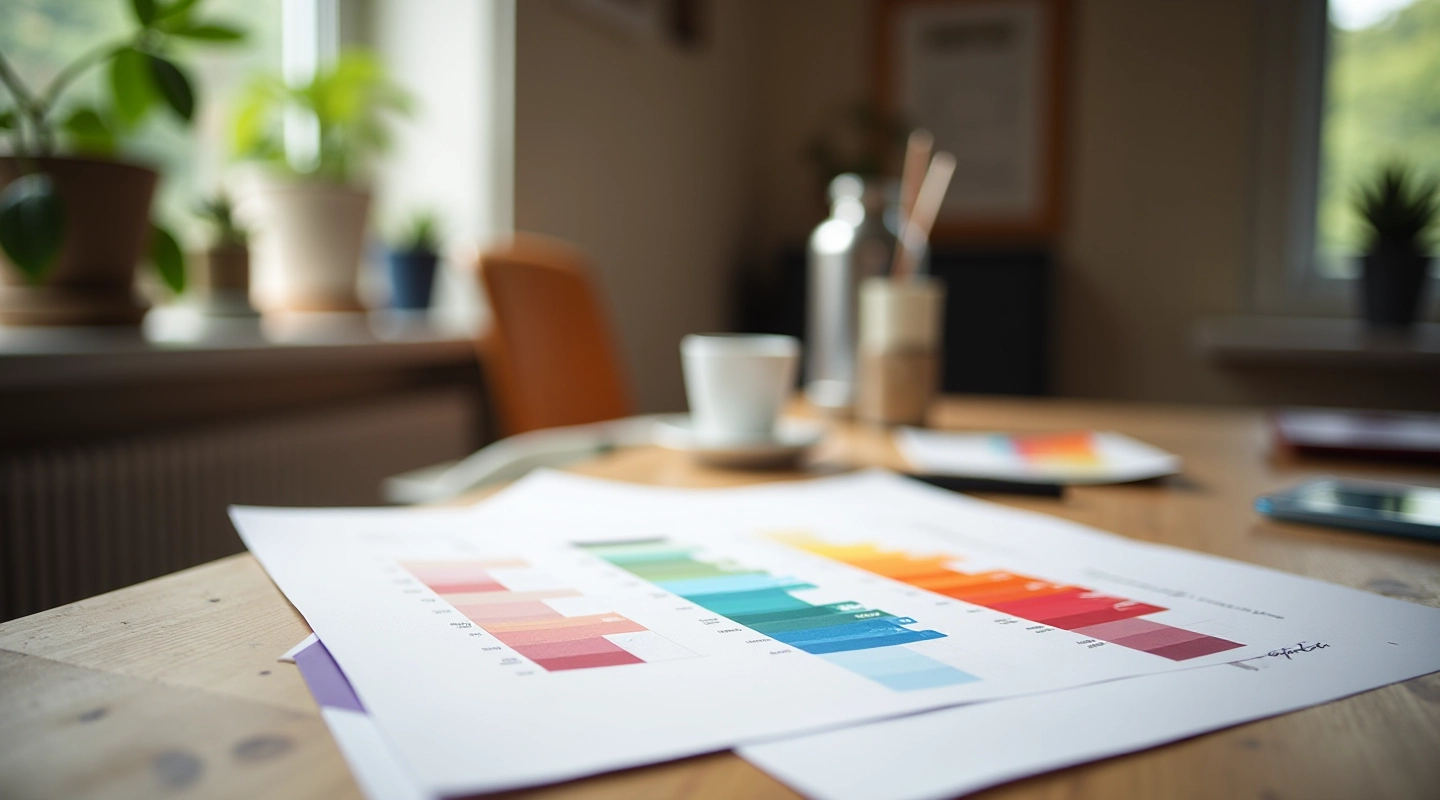 Designer workspace with color palette and typography samples displayed on desk, natural lighting, professional setting